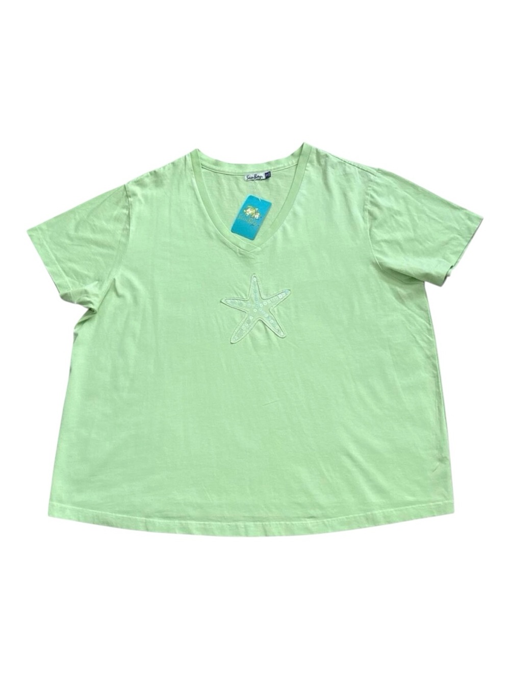Sun Bay Bling Sequin T Shirt Womens Plus Size 3X Lime Green Starfish V Neck NWT